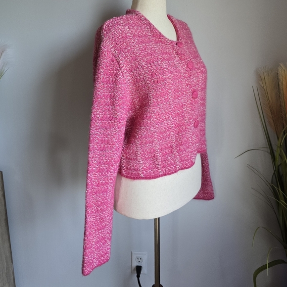 ZARA, New, Pink Tweed Texutred Weave Knit Cropped Blogger Fav Cardigan SZ XL - Picture 7 of 15